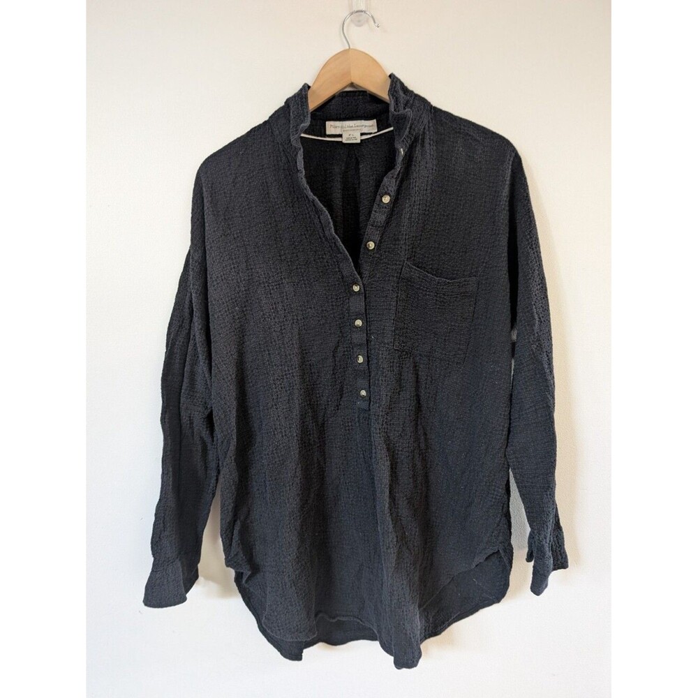 Anthropologie Pilcro Black Textured Henley Tunic Button Down L Large